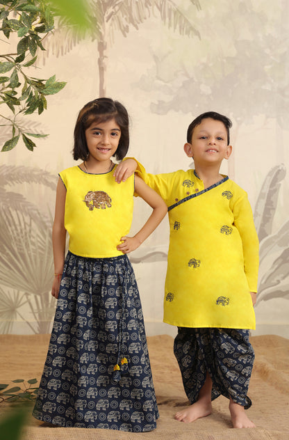 Boy Elephant Dhoti Kurta Set - Yellow