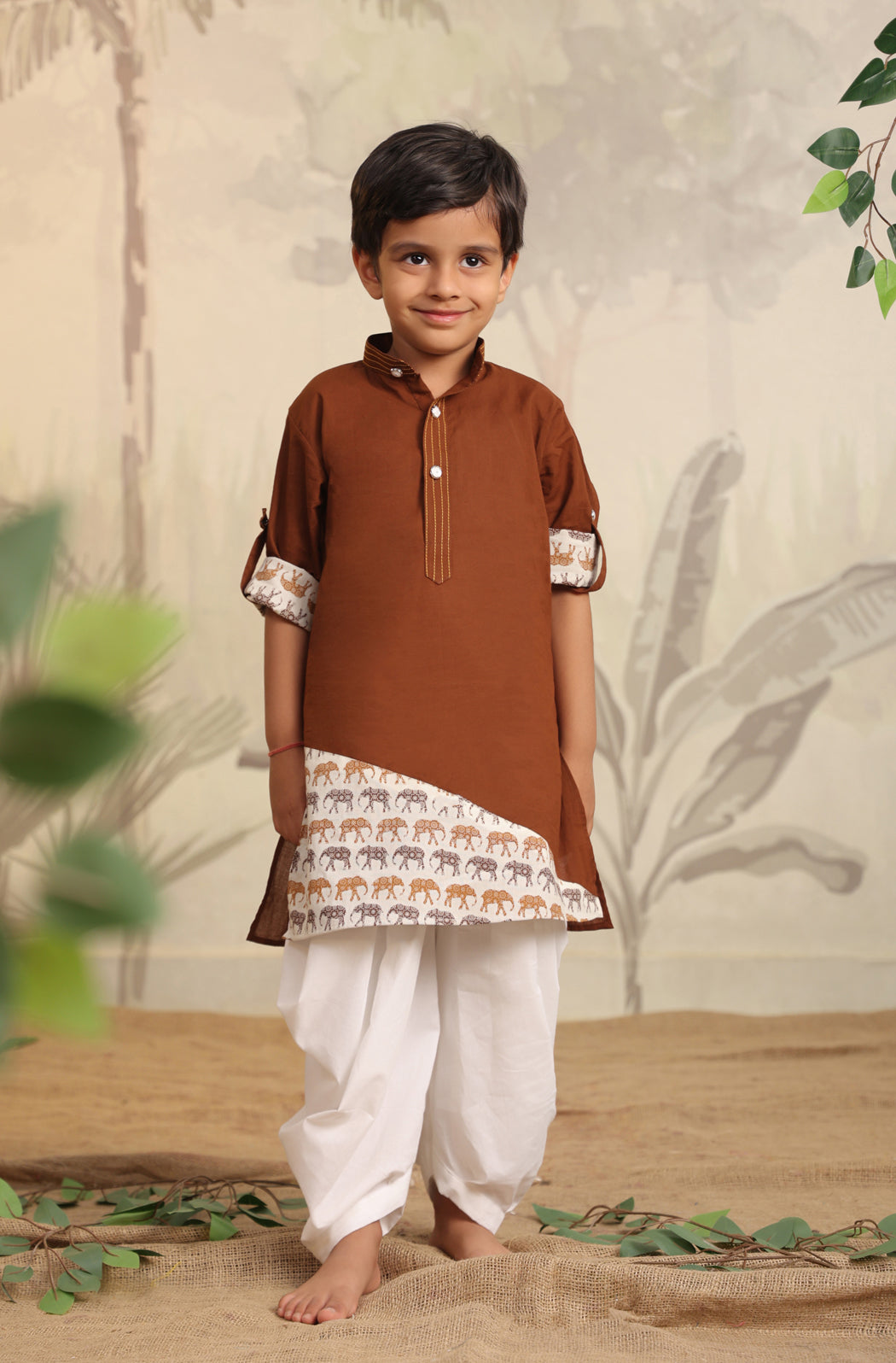 Boy Elephant Kurta Set - Brown