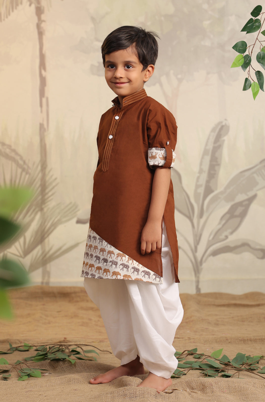 Boy Elephant Kurta Set - Brown