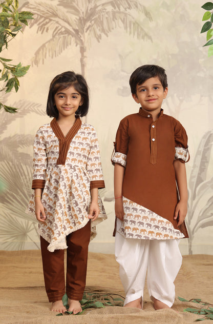 Boy Elephant Kurta Set - Brown