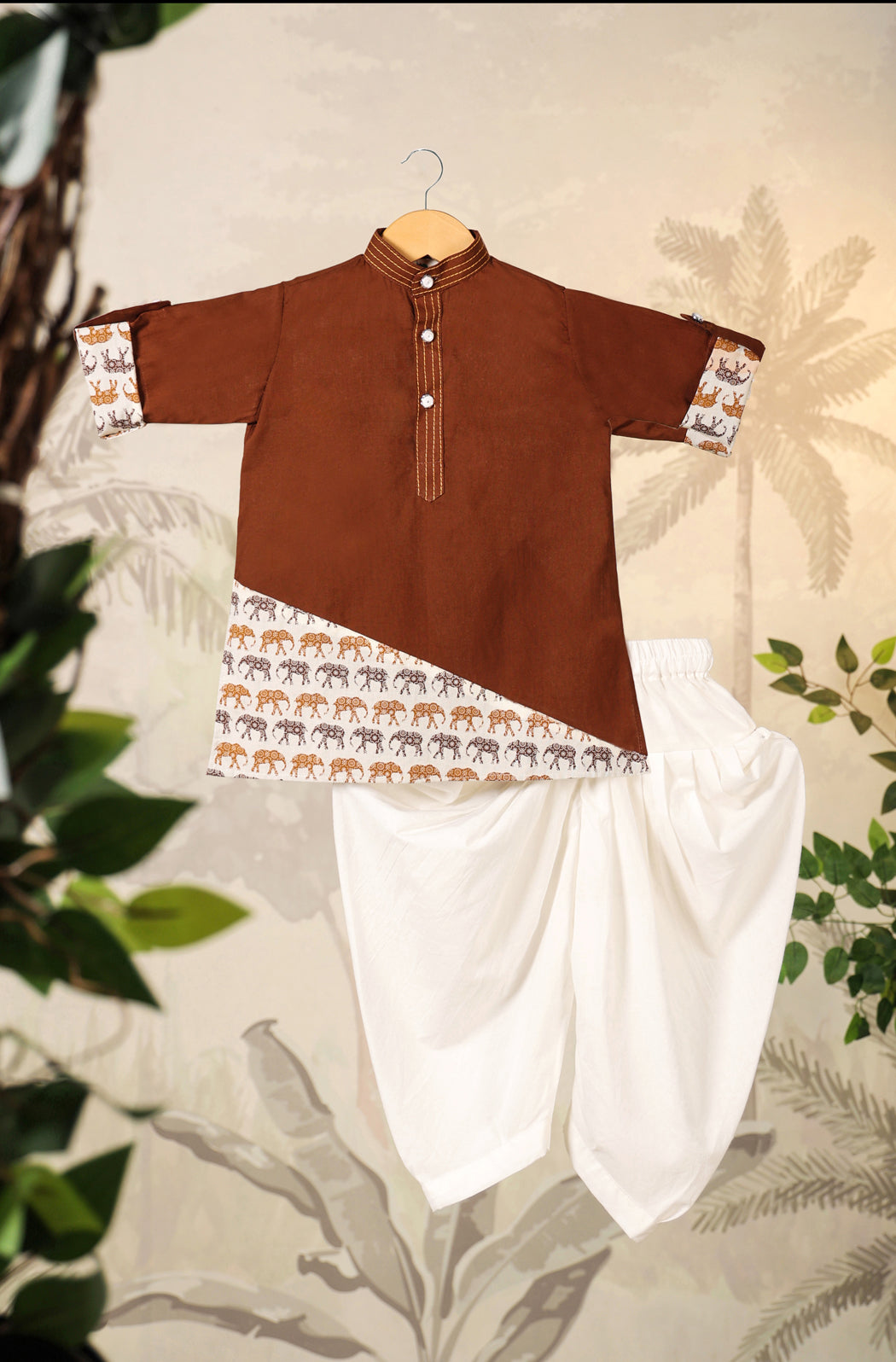 Boy Elephant Kurta Set - Brown