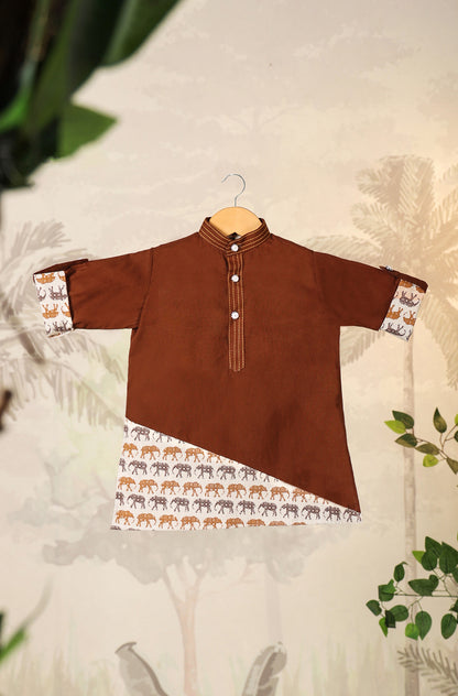 Boy Elephant Kurta Set - Brown