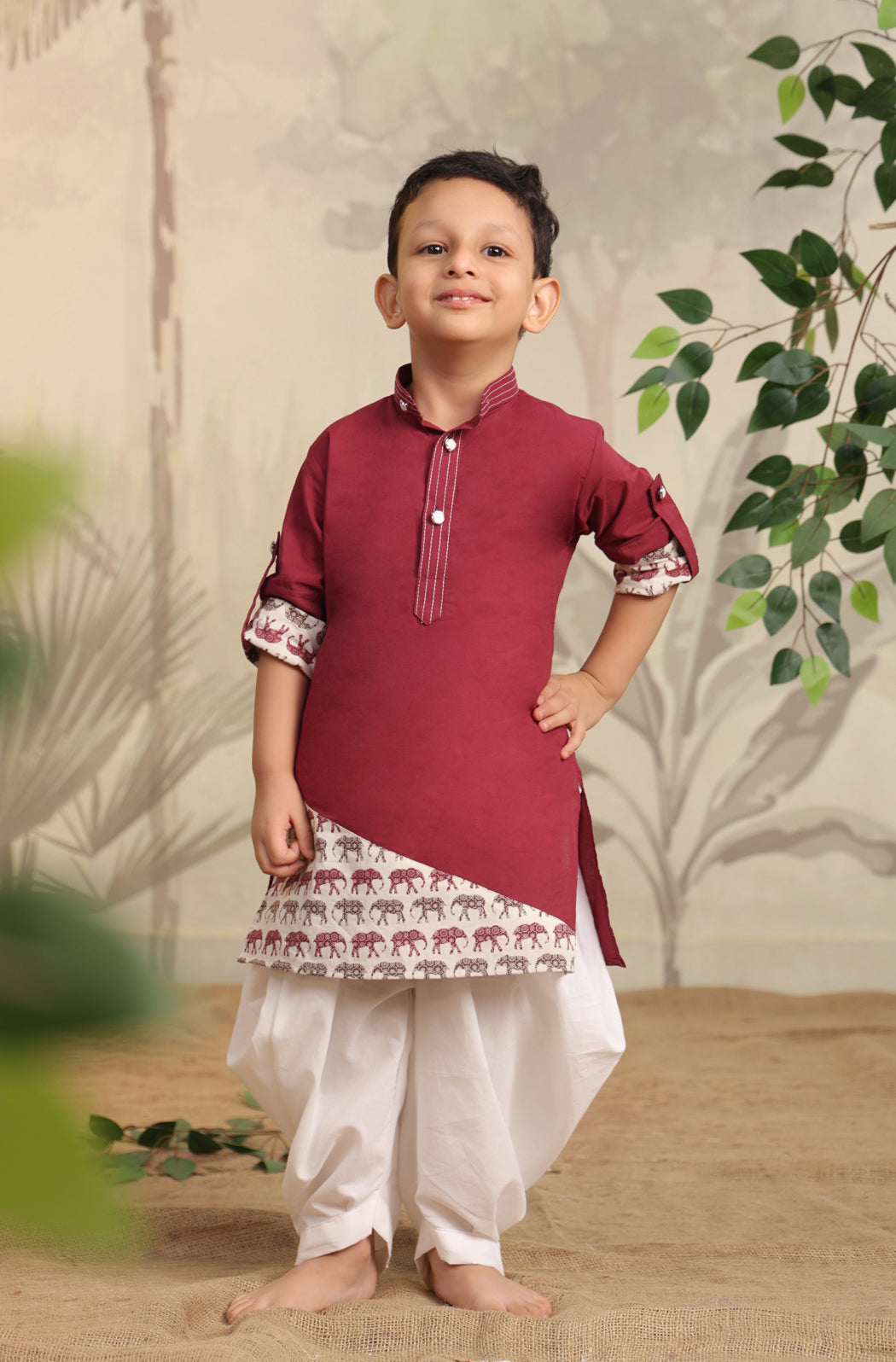 Boy Elephant Kurta Set - Wine