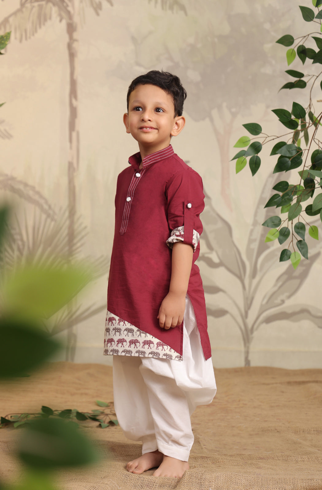 Boy Elephant Kurta Set - Wine