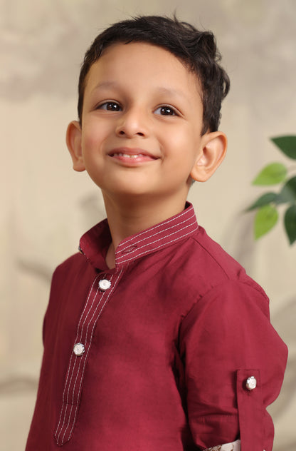 Boy Elephant Kurta Set - Wine