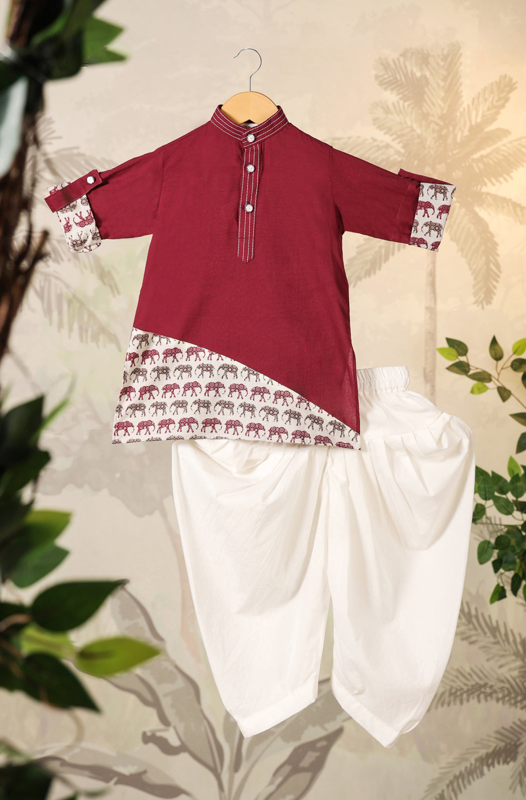 Boy Elephant Kurta Set - Wine