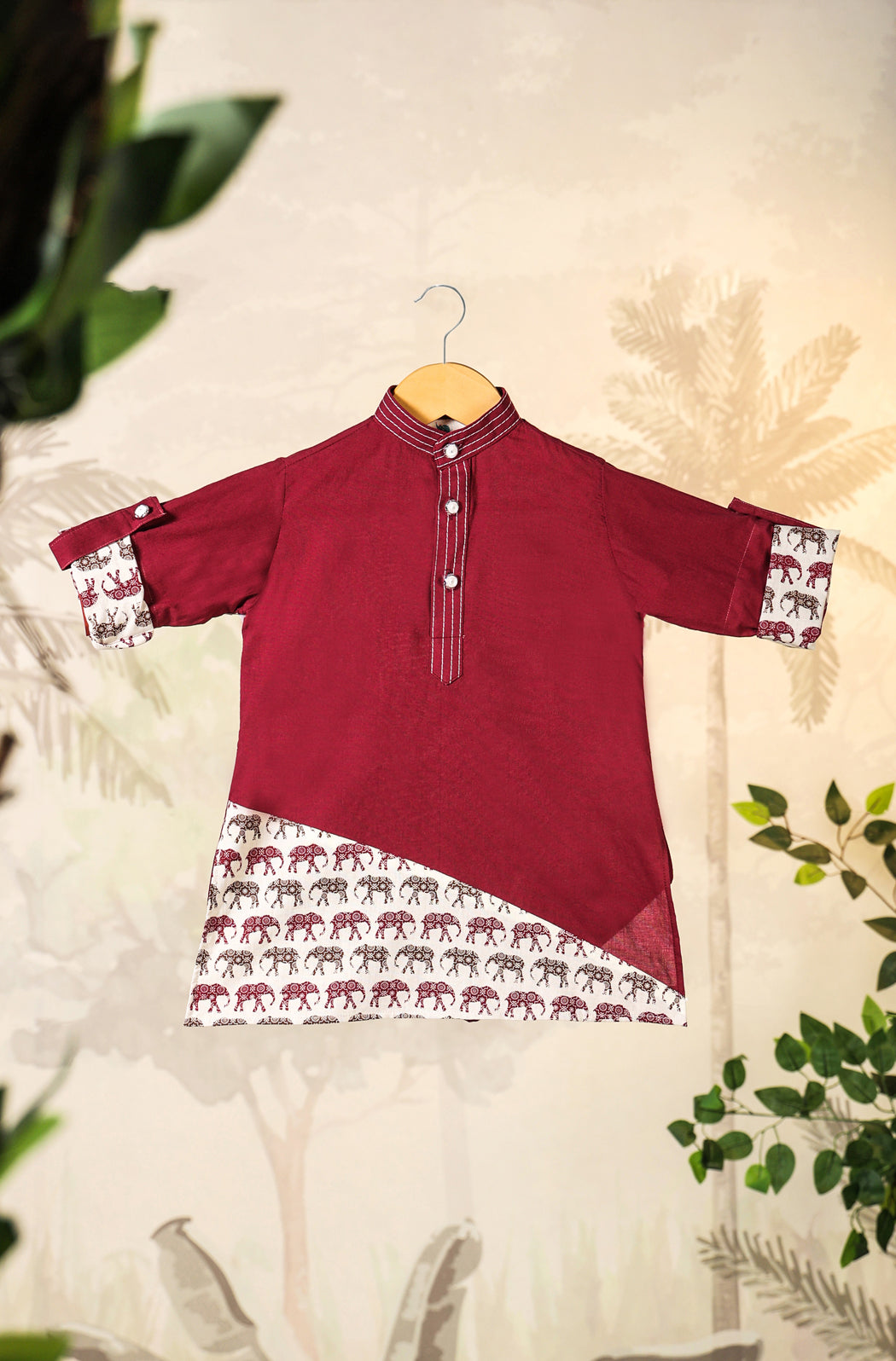 Boy Elephant Kurta Set - Wine