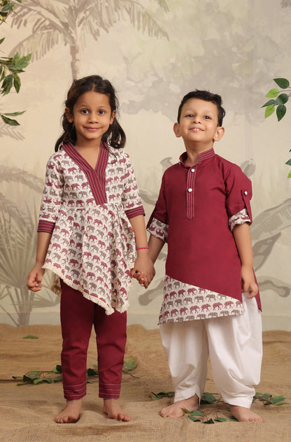 Boy Elephant Kurta Set - Wine