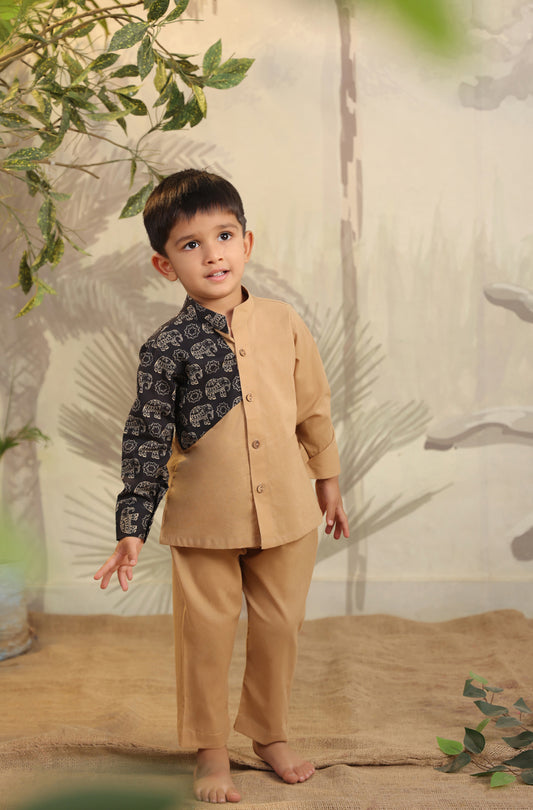 Boy Black Elephant Shirt Set - Beige