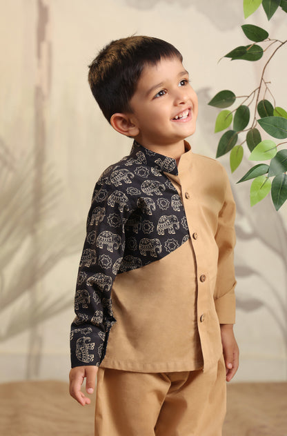 Boy Black Elephant Shirt Set - Beige