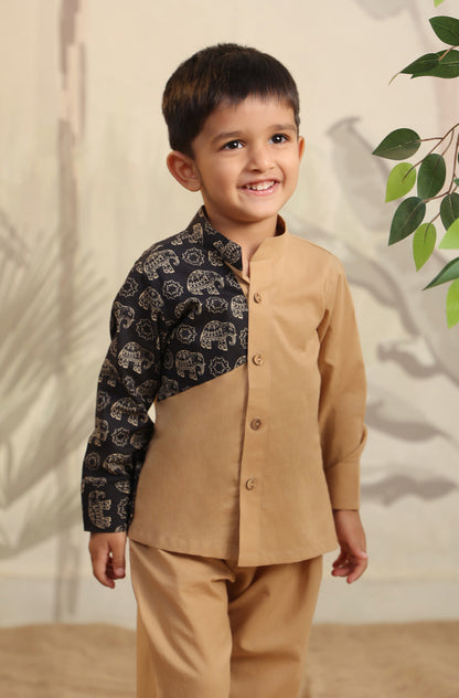 Boy Black Elephant Shirt Set - Beige