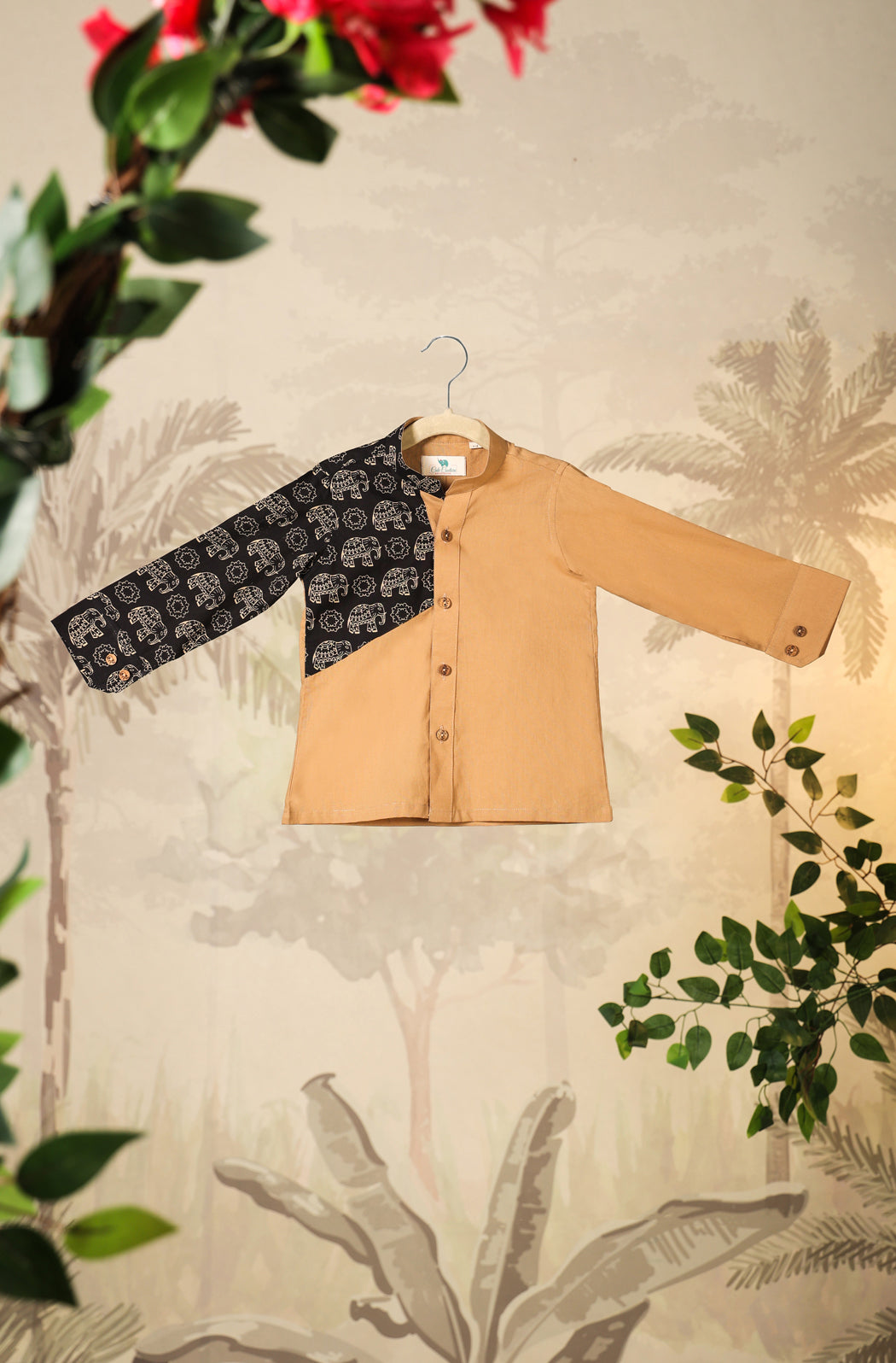 Boy Black Elephant Shirt Set - Beige