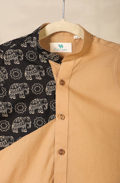 Boy Black Elephant Shirt Set - Beige