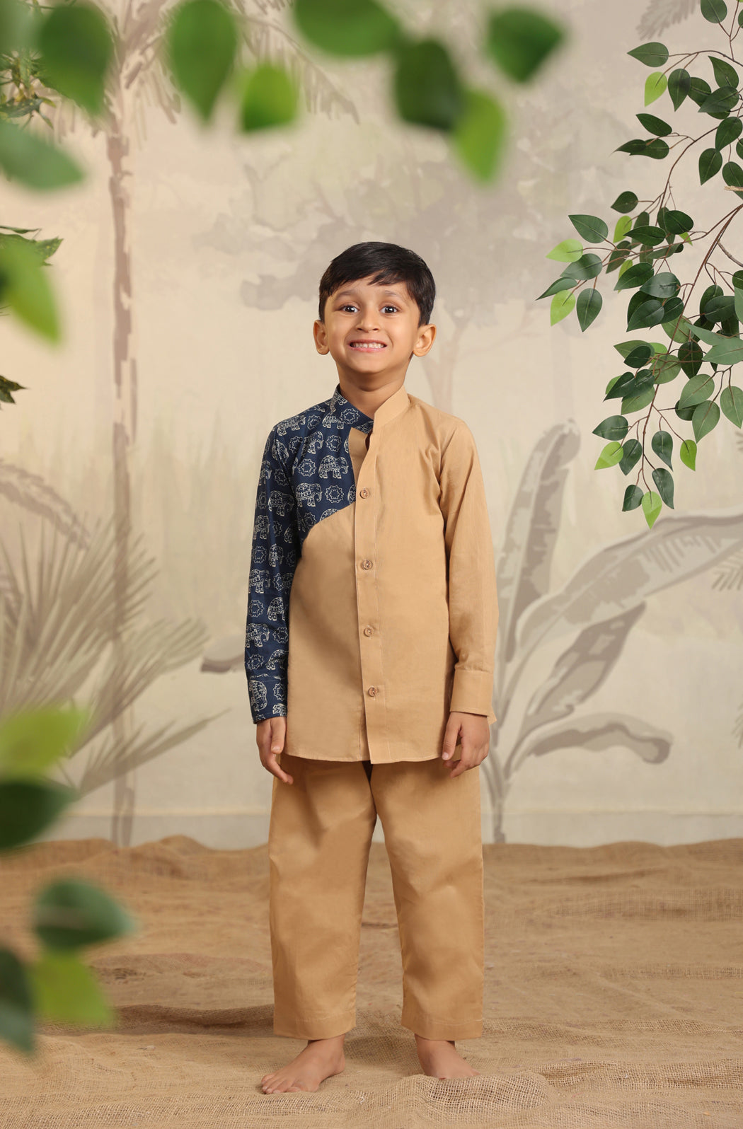 Boy Blue Elephant Shirt Set - Beige