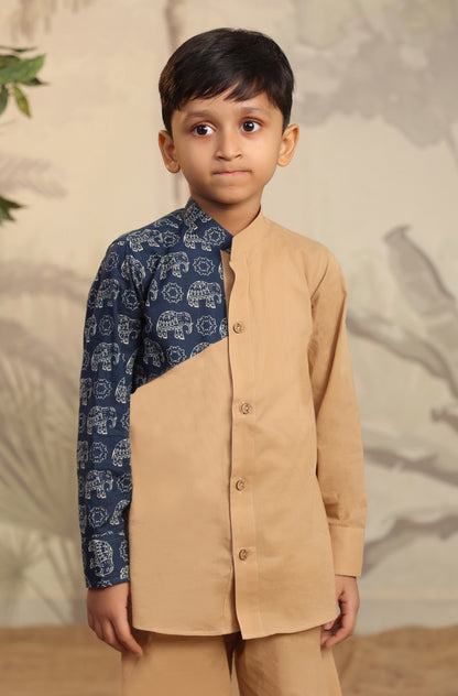 Boy Blue Elephant Shirt Set - Beige