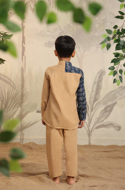 Boy Blue Elephant Shirt Set - Beige