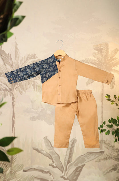 Boy Blue Elephant Shirt Set - Beige