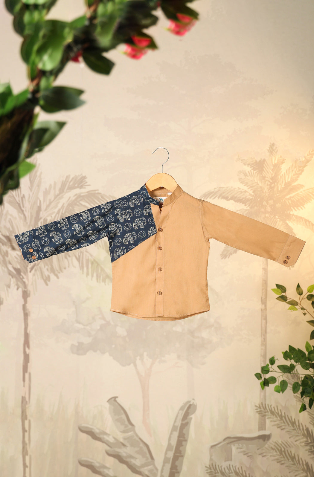 Boy Blue Elephant Shirt Set - Beige