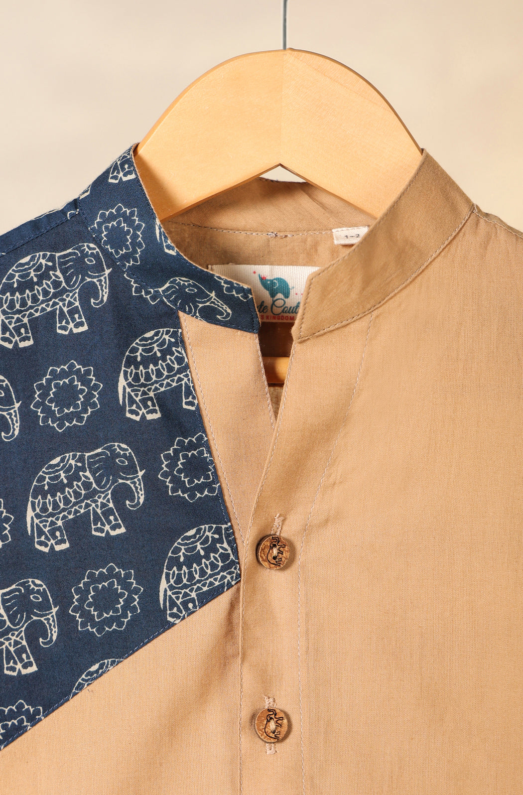 Boy Blue Elephant Shirt Set - Beige