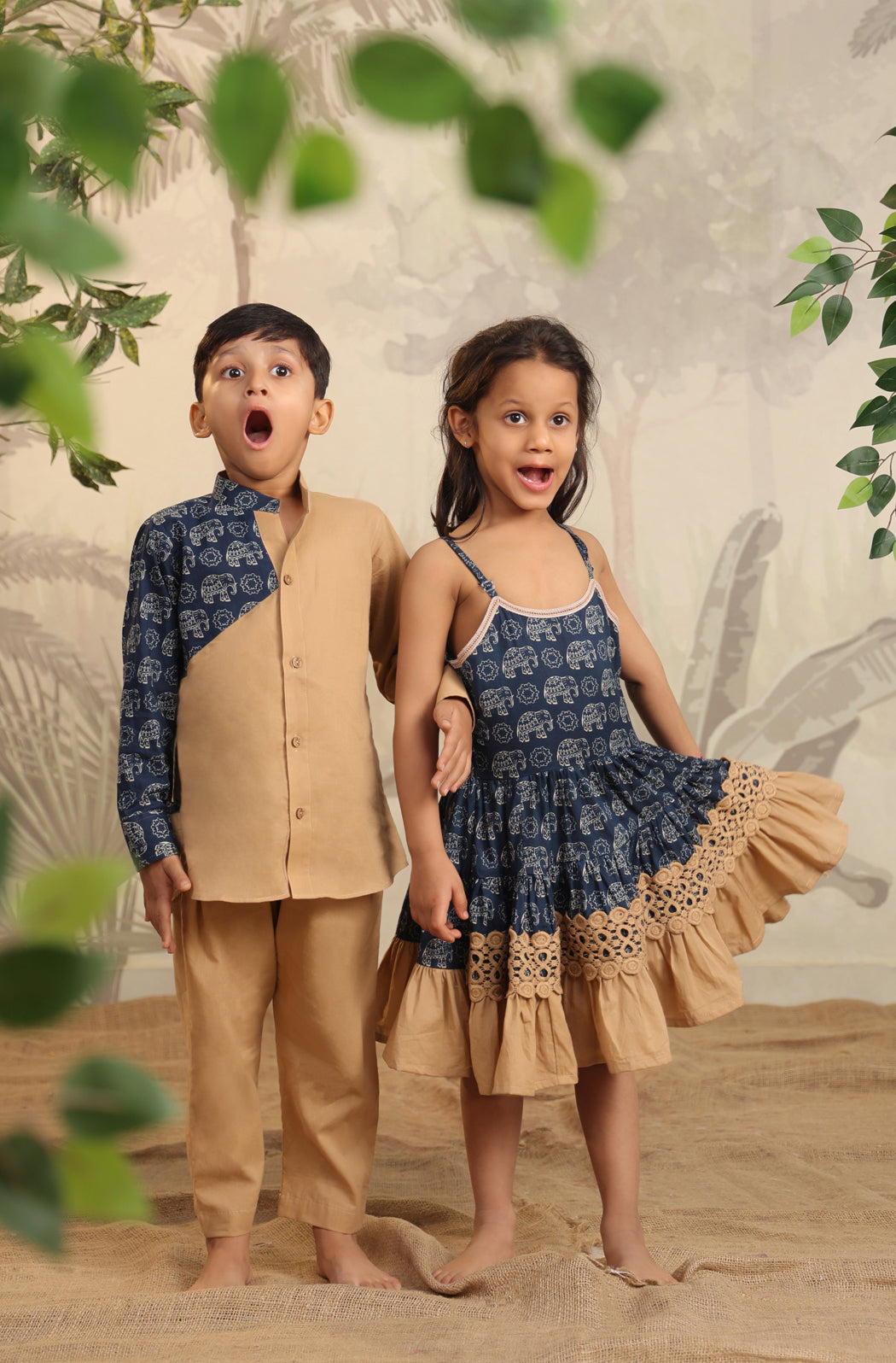 Boy Blue Elephant Shirt Set - Beige