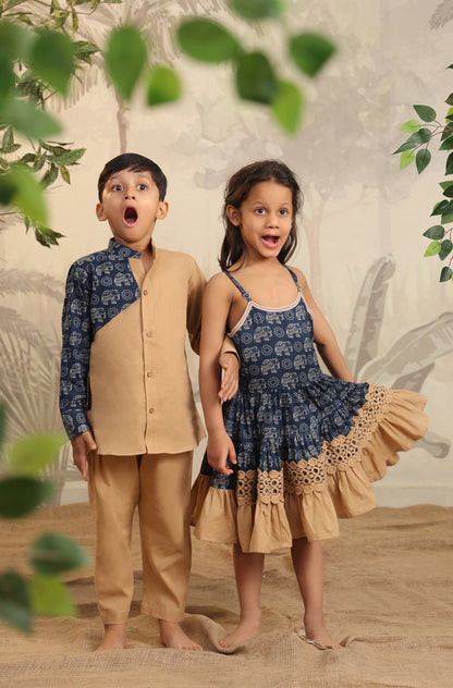 Boy Blue Elephant Shirt Set - Beige