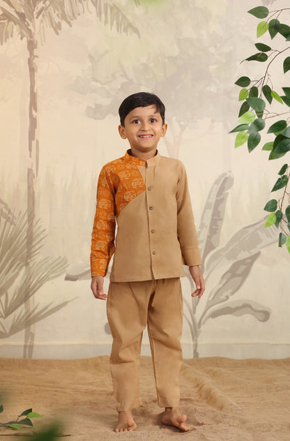 Boy Orange Elephant Shirt Set - Beige