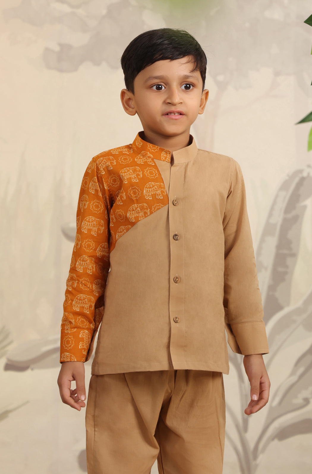 Boy Orange Elephant Shirt Set - Beige