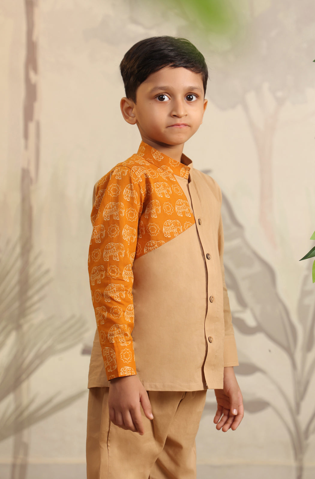 Boy Orange Elephant Shirt Set - Beige