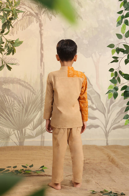 Boy Orange Elephant Shirt Set - Beige