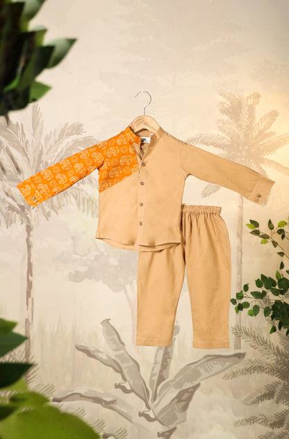 Boy Orange Elephant Shirt Set - Beige