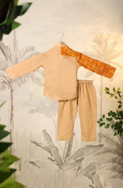 Boy Orange Elephant Shirt Set - Beige