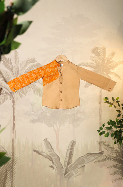 Boy Orange Elephant Shirt Set - Beige