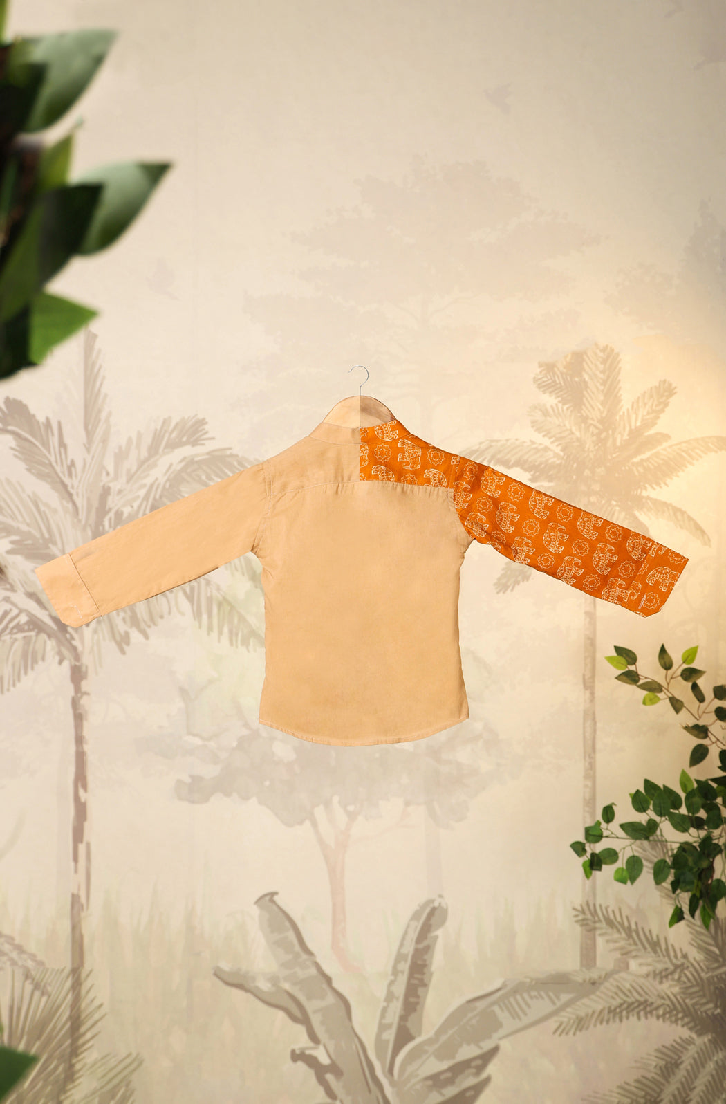 Boy Orange Elephant Shirt Set - Beige