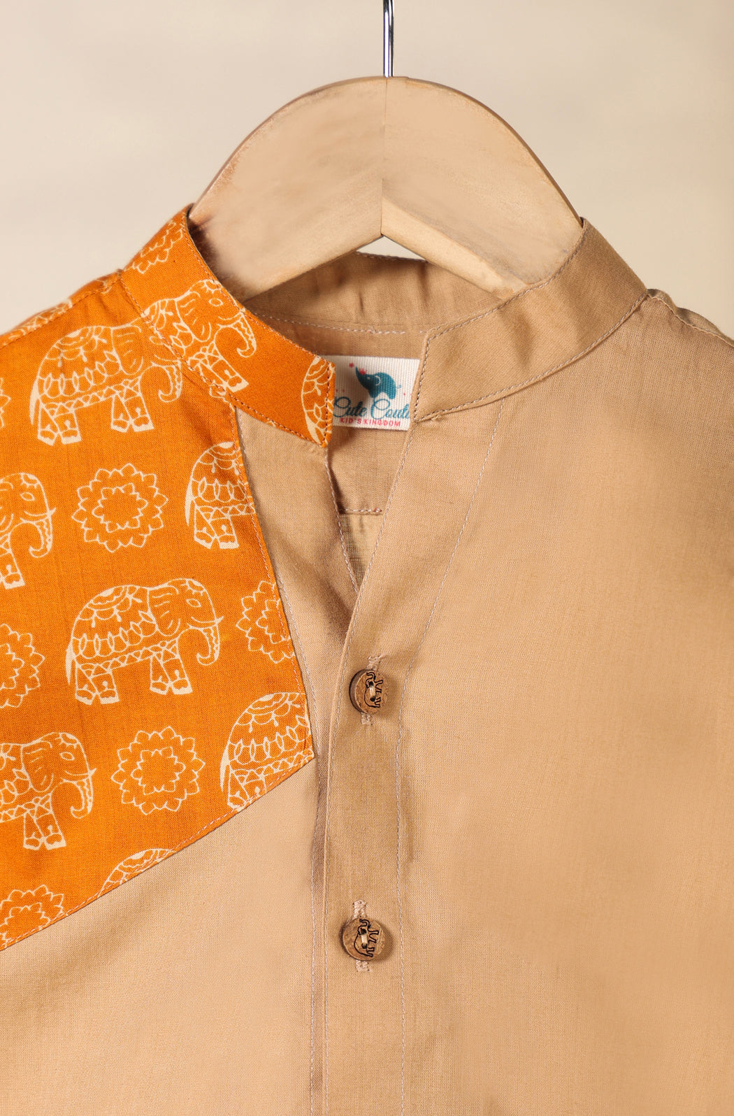 Boy Orange Elephant Shirt Set - Beige