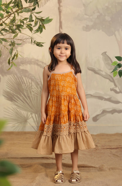 Girl Orange Elephant Dress - Beige