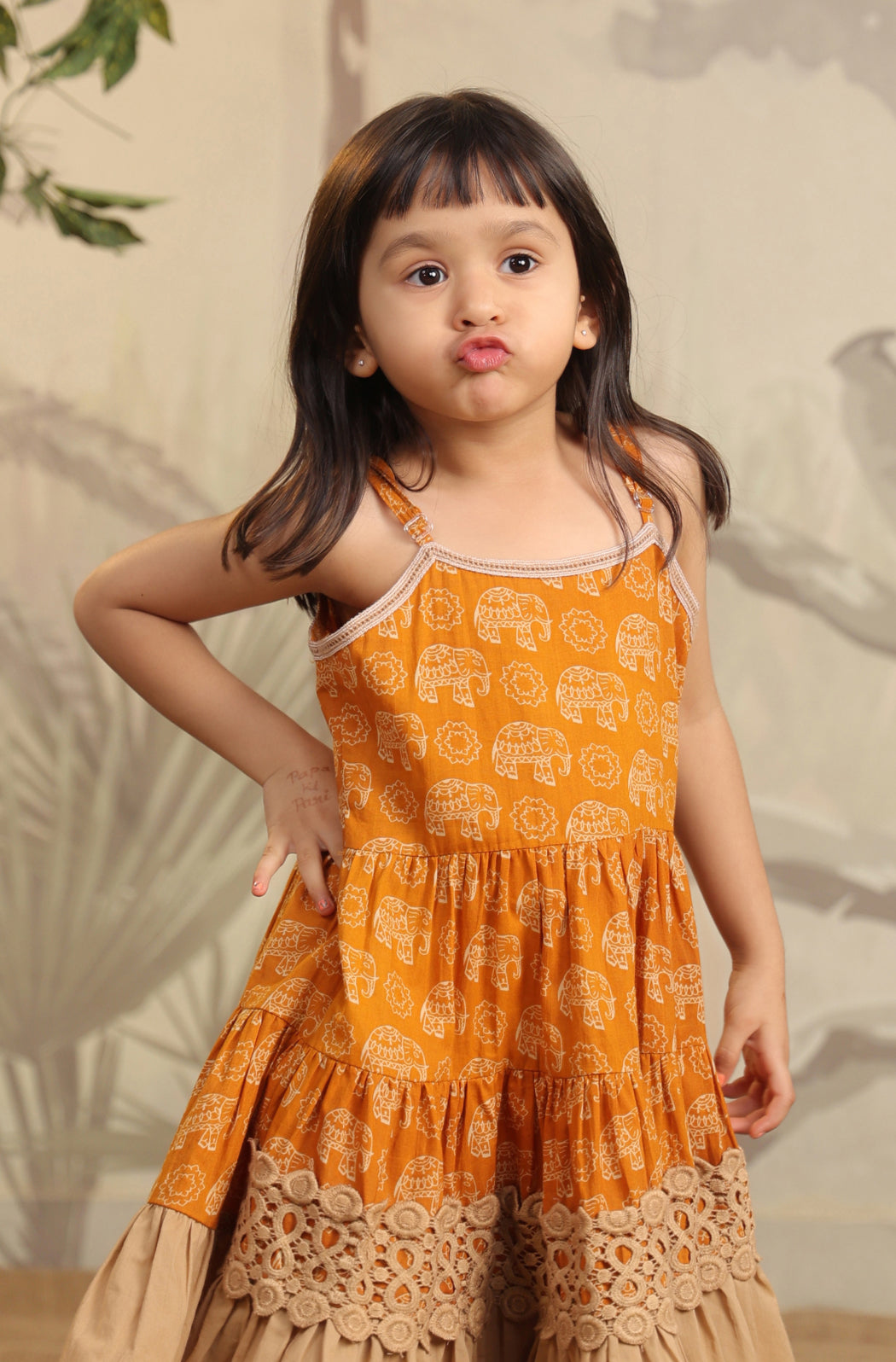 Girl Orange Elephant Dress - Beige