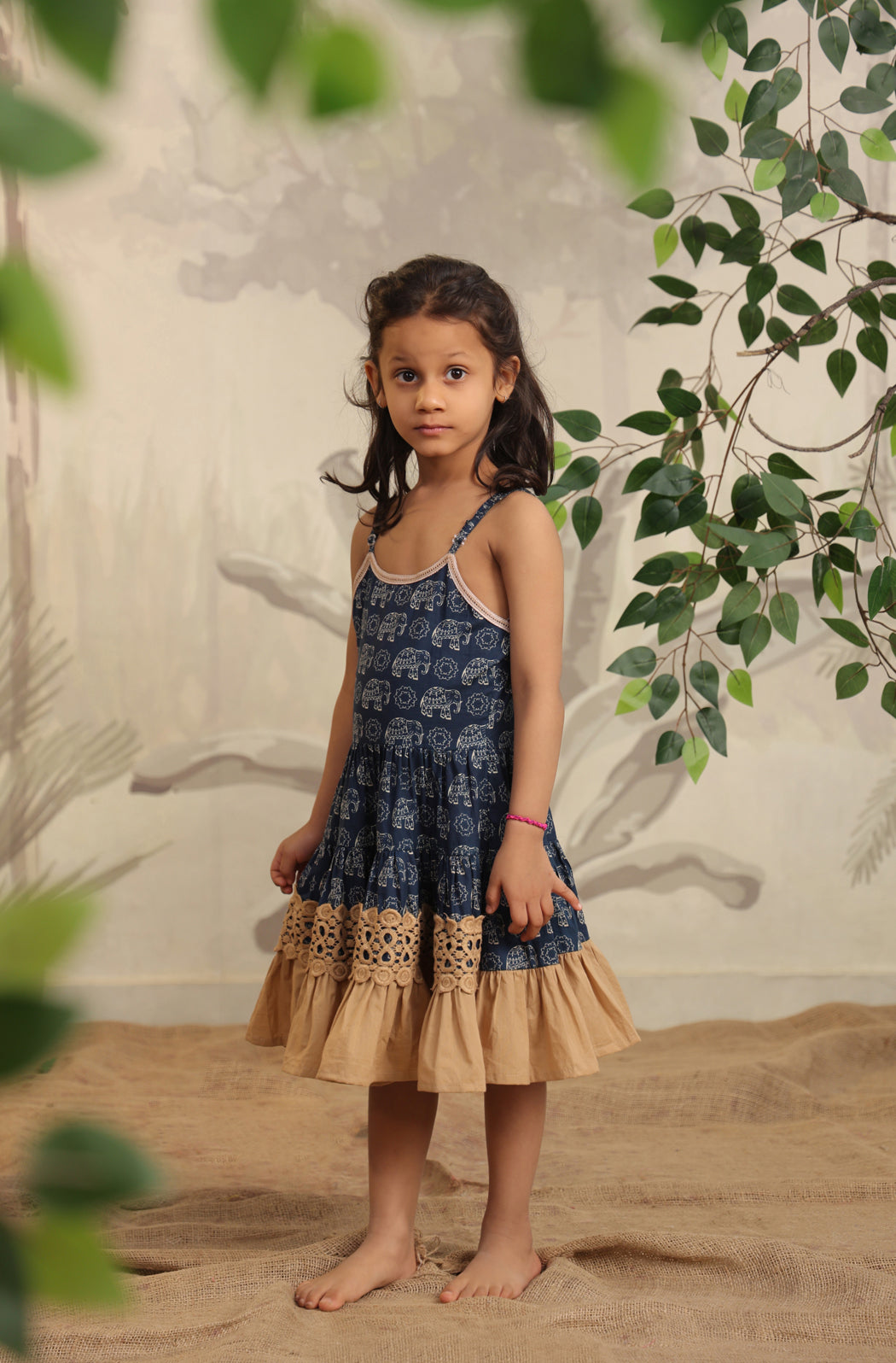 Girl Blue Elephant Dress - Beige