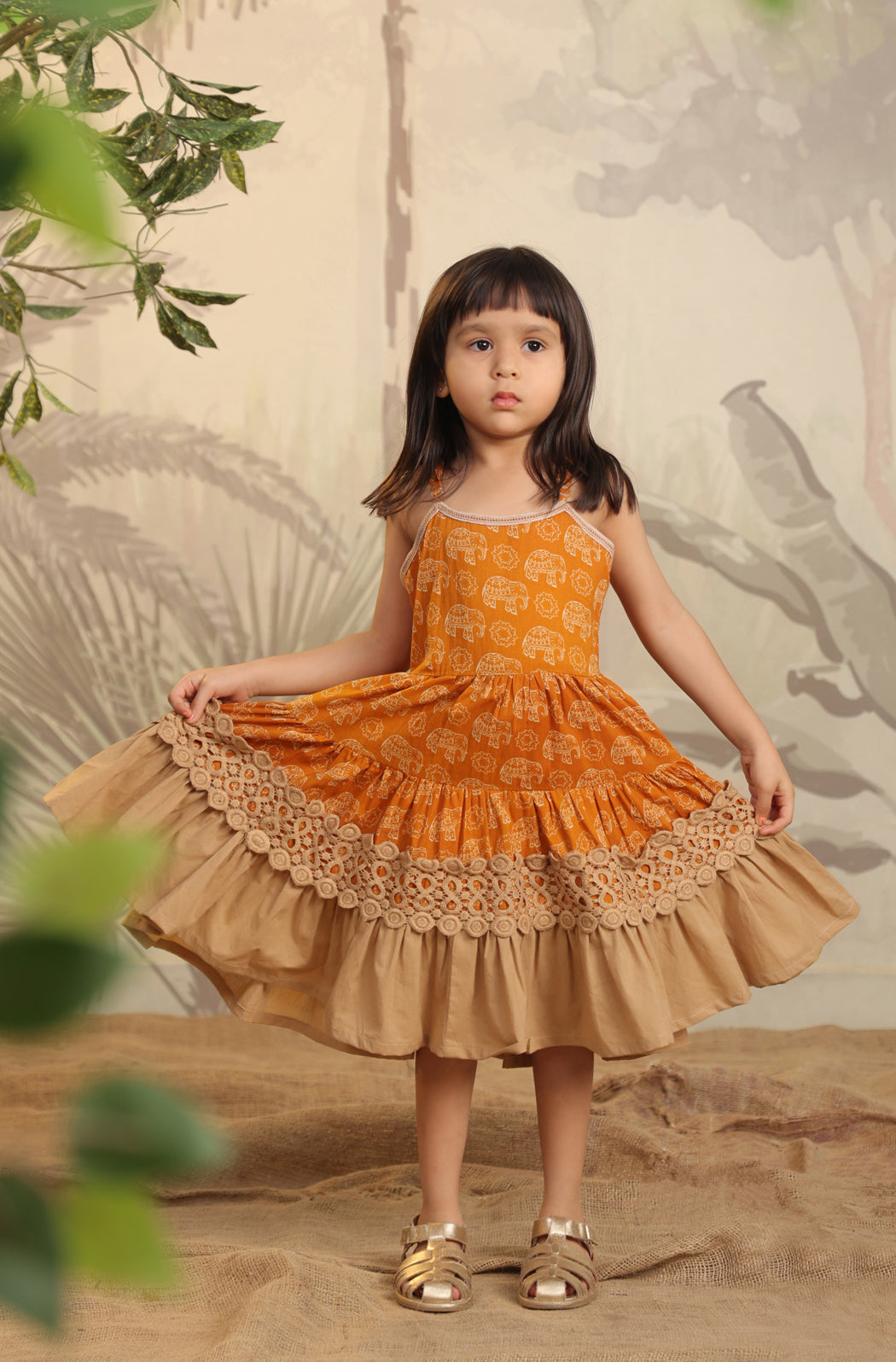 Girl Orange Elephant Dress - Beige