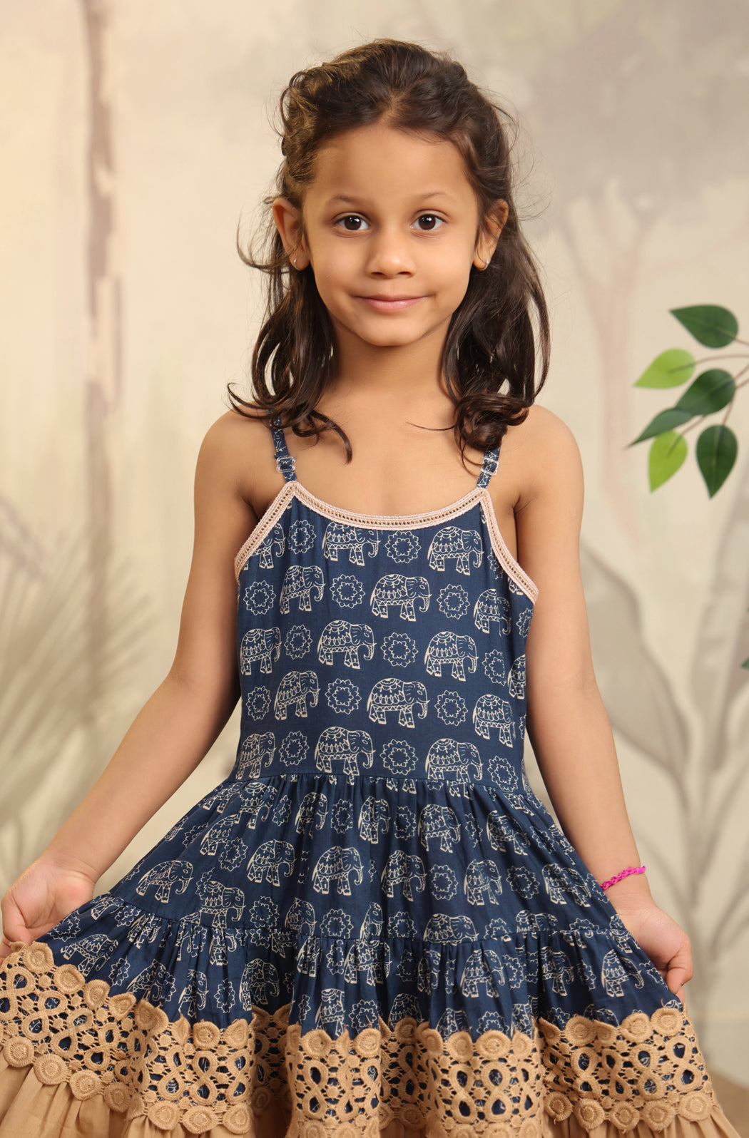 Girl Blue Elephant Dress - Beige