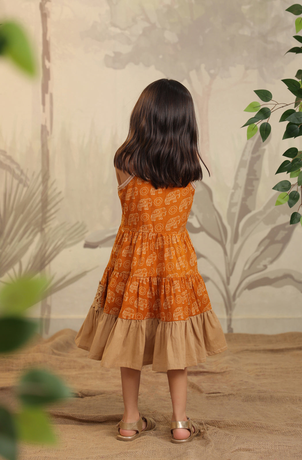 Girl Orange Elephant Dress - Beige