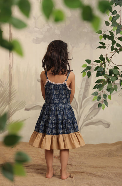 Girl Blue Elephant Dress - Beige