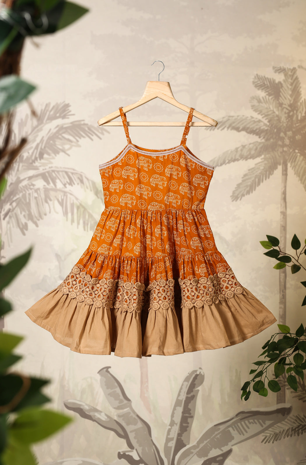 Girl Orange Elephant Dress - Beige