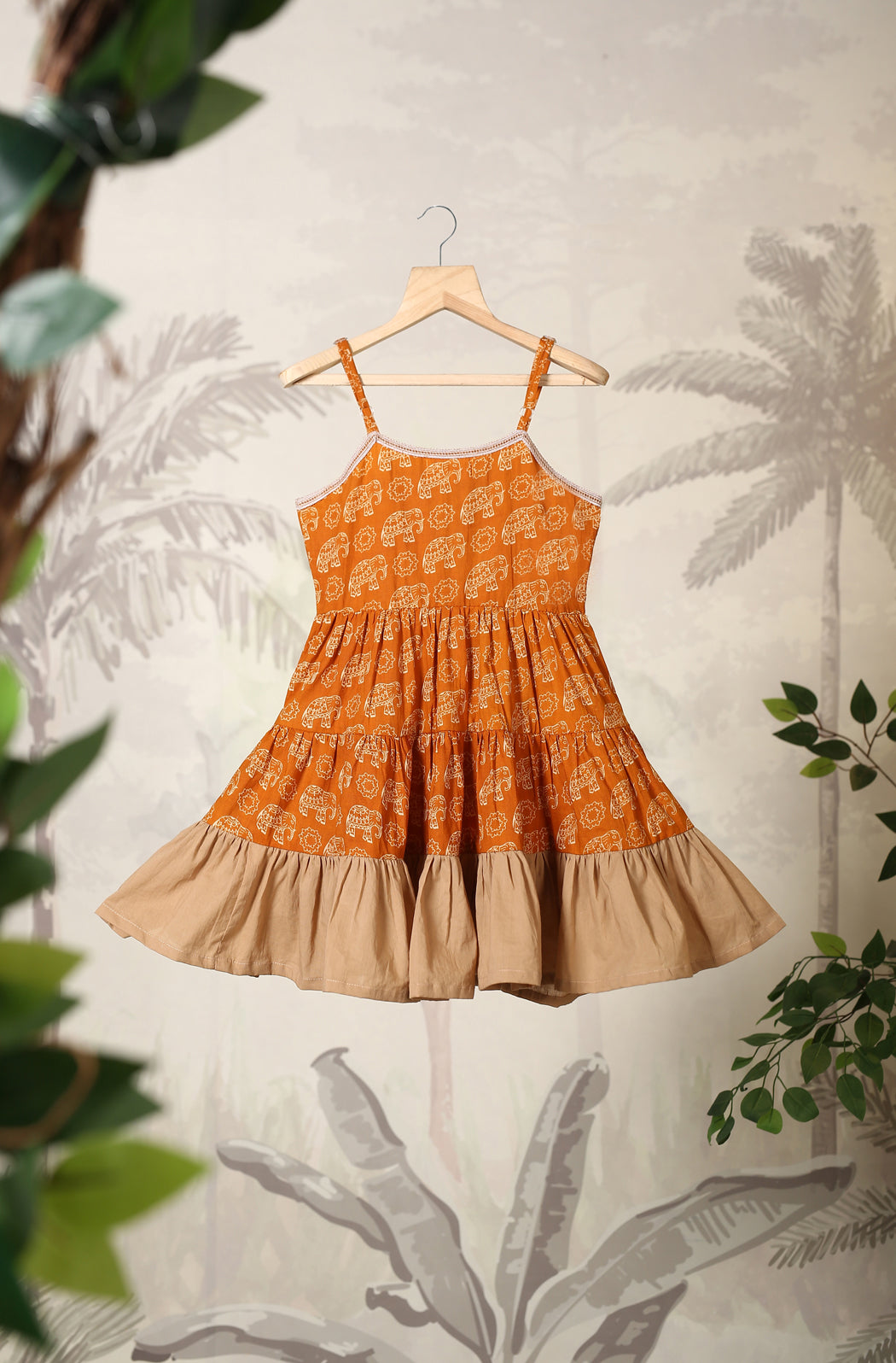 Girl Orange Elephant Dress - Beige