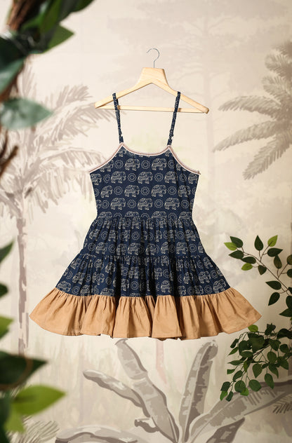 Girl Blue Elephant Dress - Beige