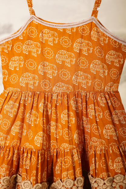 Girl Orange Elephant Dress - Beige