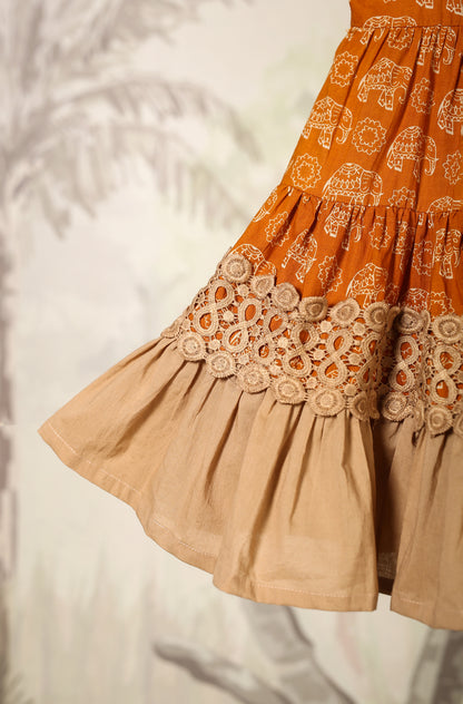 Girl Orange Elephant Dress - Beige