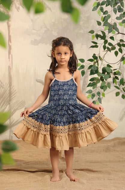 Girl Blue Elephant Dress - Beige