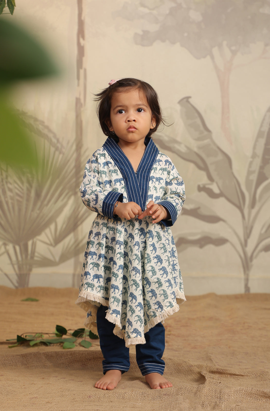 Girls Elephant print Kurta Set - Teal Blue