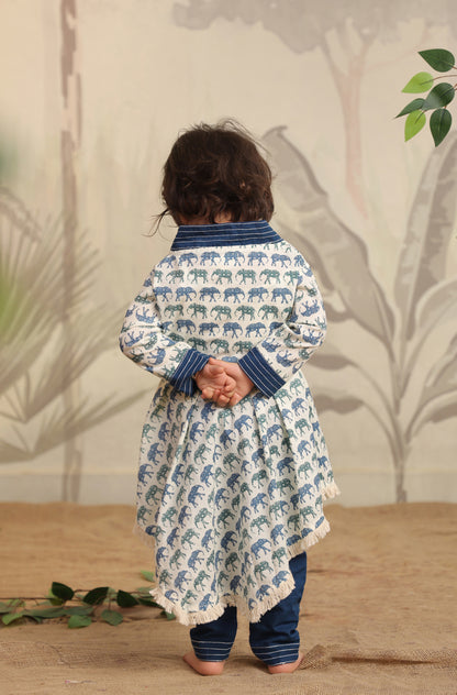 Girls Elephant print Kurta Set - Teal Blue