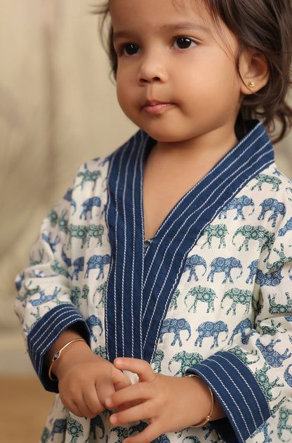 Girls Elephant print Kurta Set - Teal Blue